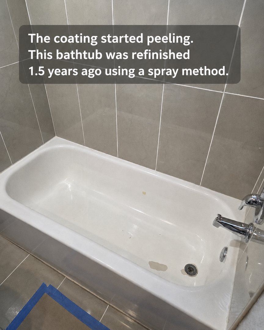 Bathtub with peeling spray coating before refinishing