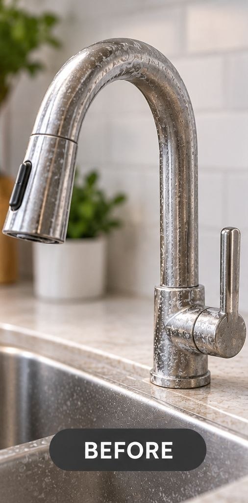 Illustration: chrome faucet with white hard-water buildup, before cleaning
