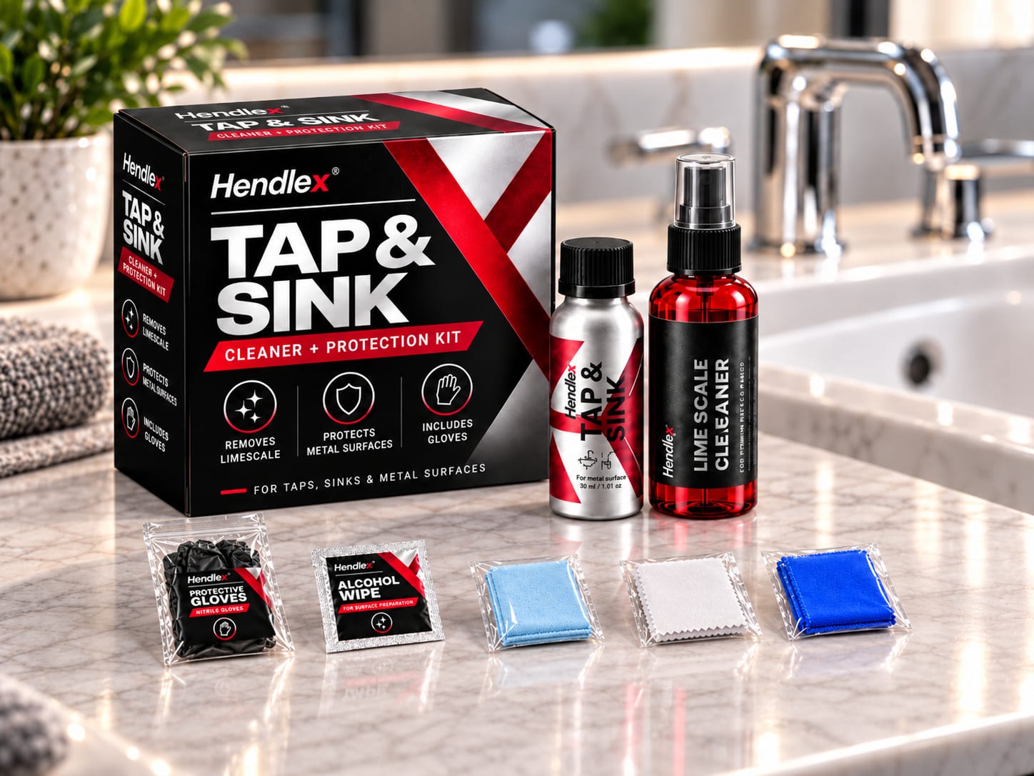 Hendlex Tap and Sink kit with cleaner, protective coating, gloves, alcohol wipe and three cloths