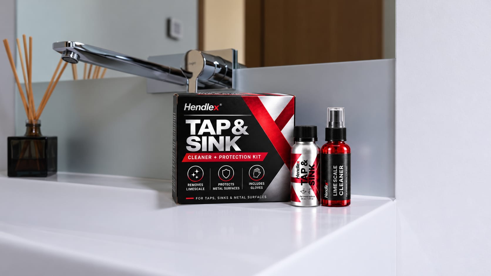 Hendlex Tap and Sink cleaner and protection kit beside a chrome bathroom faucet