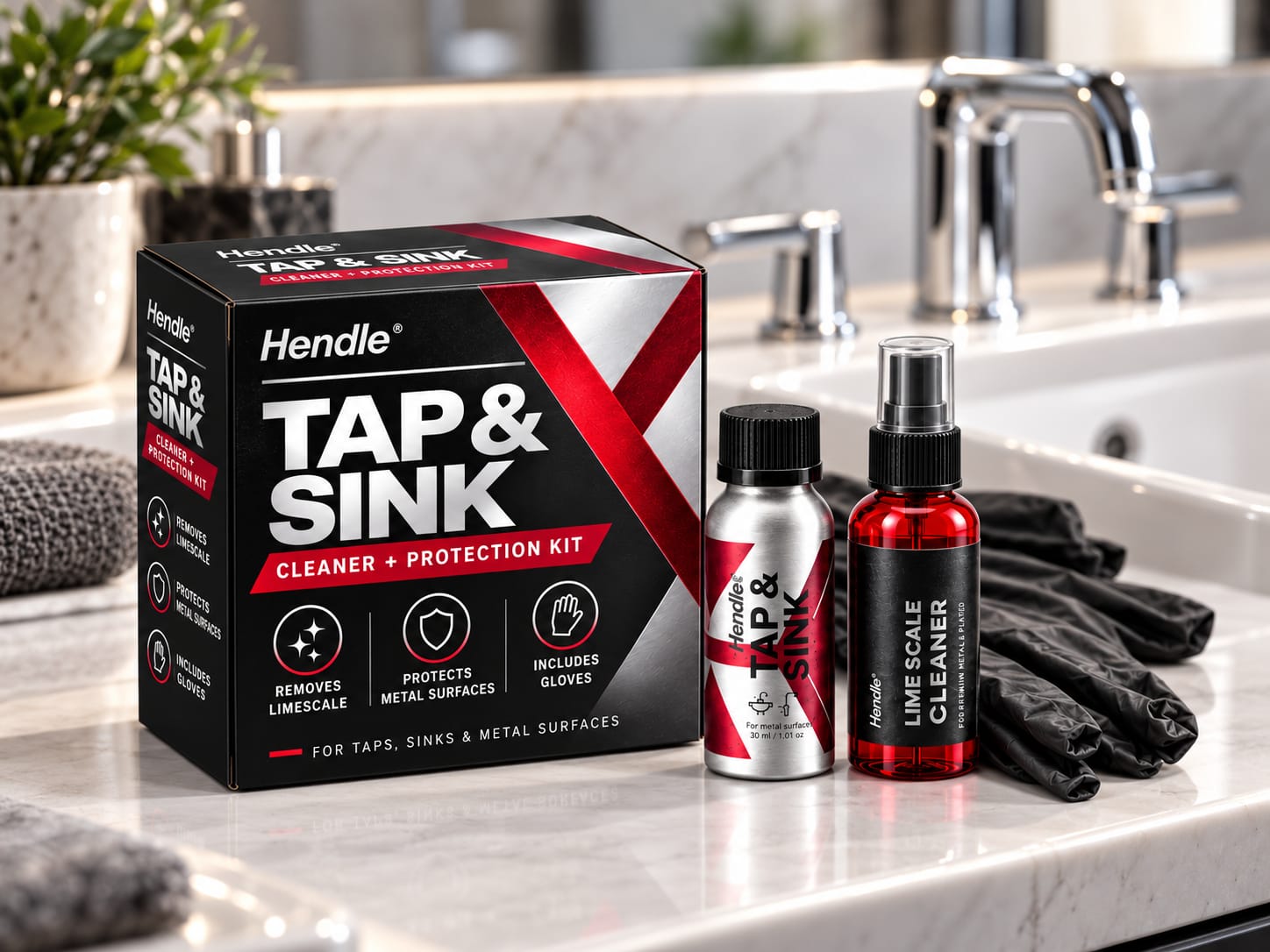 Faucet and sink care kit with cleaner, protective coating, gloves and a box beside a faucet